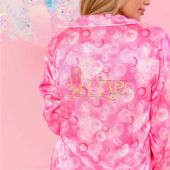Wicked Pink Satin Pajama Set with Feather Trim